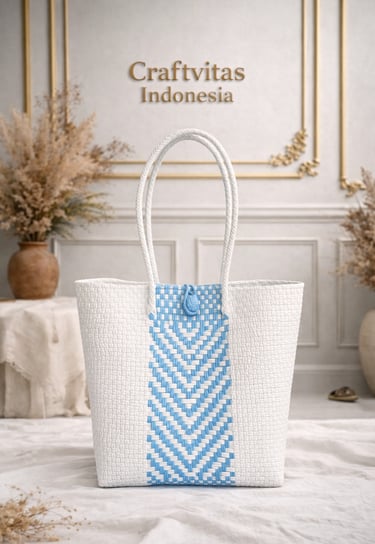 White and blue handwoven plastic tote bag with chevron batik pattern, handmade Indonesian tote bag