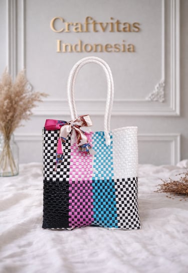 Rainbow black pink blue white handwoven plastic bag handmade Craftvitas Indonesia