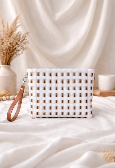 White and brown natural tone woven plastic clutch bag handmade eco craft