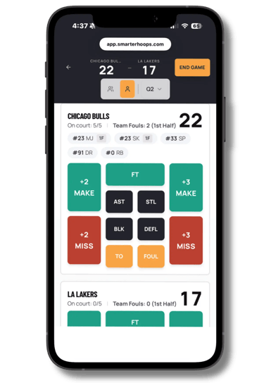 Basketball stats tracking app on mobile showing live game score and stat buttons for coaches