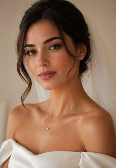 Minimalist bride wearing thin gold necklace and diamond stud earrings