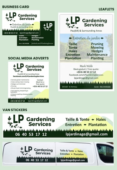 Brand Design project for a gardening company in Pau, France. Leaflets, business cards, van sticker