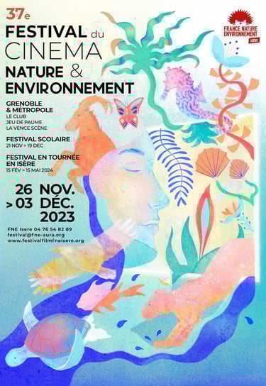 affiche illustrée représentant un visage regardant un écran d'où sortent des plantes et des animaux