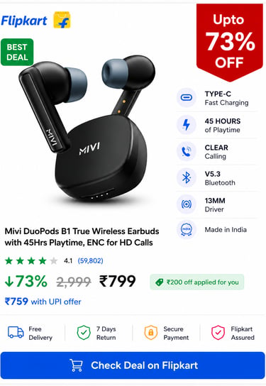 Mivi DuoPods B1 True Wireless Earbuds in black with 45 hours playtime and ENC for HD calls.