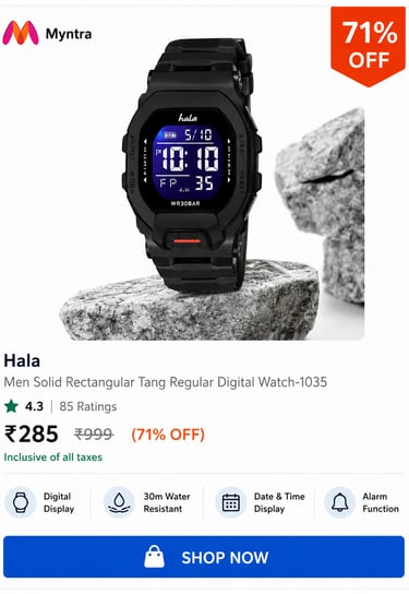 Hala men's solid rectangular black digital watch with water resistance and alarm features on Myntra.