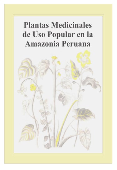 Book cover for Plantas Medicinales de Uso Popular en la Amazonia Peruana with botanical sketches.