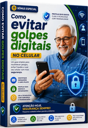 Guia digital sobre como evitar golpes no celular com idoso sorridente usando smartphone e ícones de segurança cibernética.