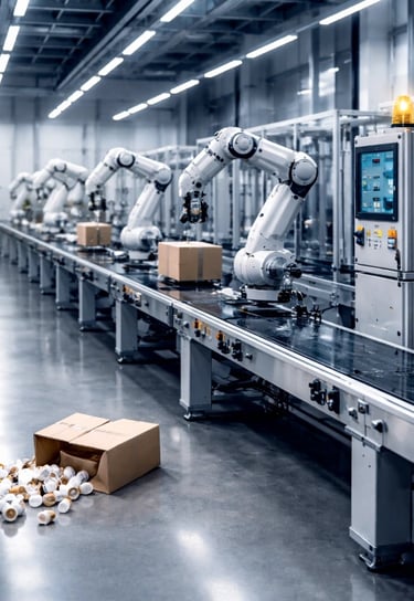 Automated production line with robotic arms and a fallen carton on the floor