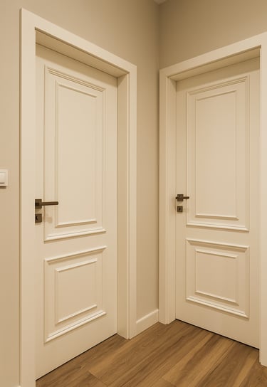 Two white paneled interior doors with modern black handles on oak hardwood flooring.