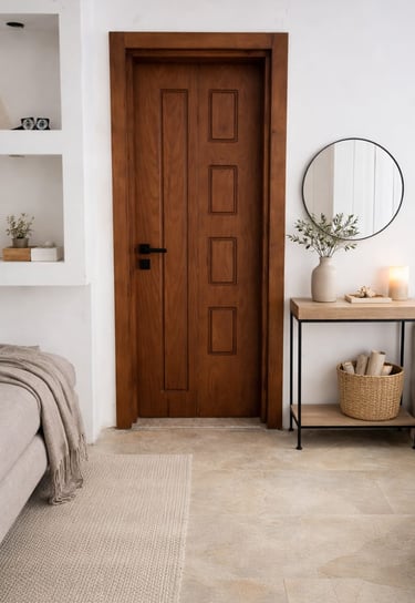 Minimalist home entryway with a solid wood door, round mirror, and console table.