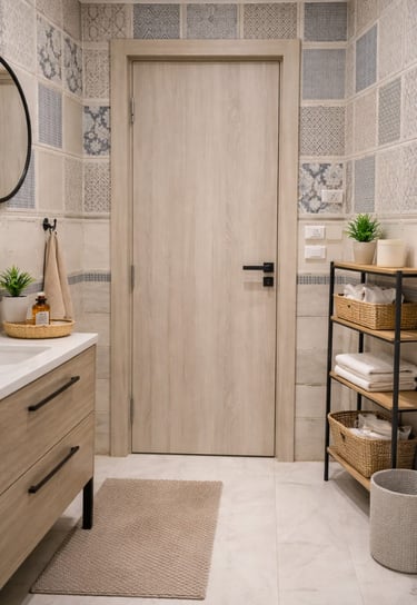 Modern bathroom interior featuring patterned wall tiles, a light wood door, and a vanity with black hardware.