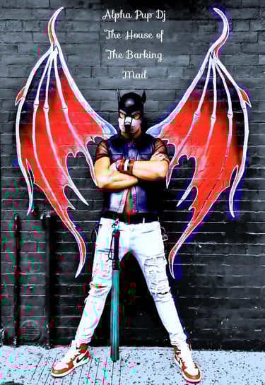 Man in pup mask in front of wing mural.