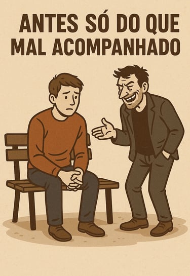 imagem mostra um cartaz com dois homens um bom e outro mal. o homem mau querendo fazer amizade.
