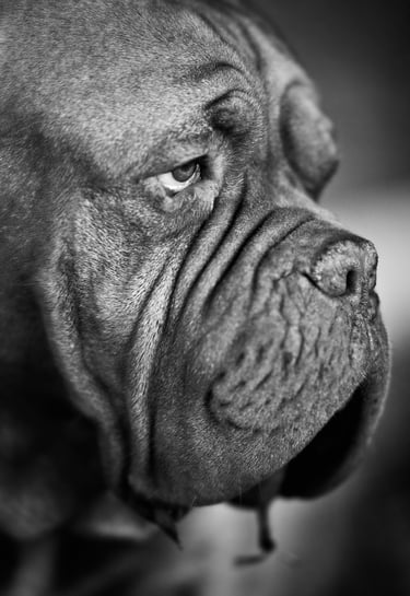 Black and white image of a mastiff dog face