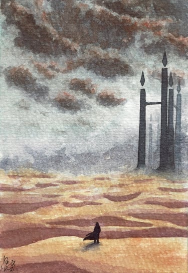 Peinture aquarelle d'un paysage fantastique avec au loin une cité étrange