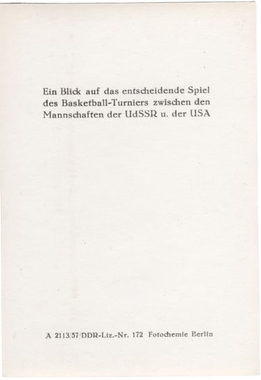 1956 Veb Toto-Sport Olympic Basketball Card Reverse USA vs USSR