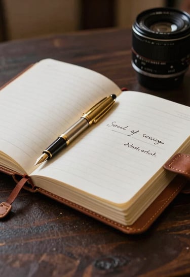 Artistic photography of an open leather-bound journal and a gold fountain pen resting on a dark wood surface in a dimly lit North African setting, representing the soul of songwriting.