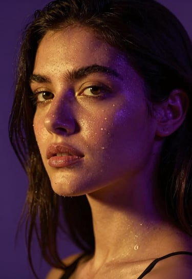 A close-up aesthetic preview for an exclusive video gallery. A stunning model under deep purple and warm gold ambient lights. Seductive dark-mode look, premium adult entertainment style, Latin American / Global.