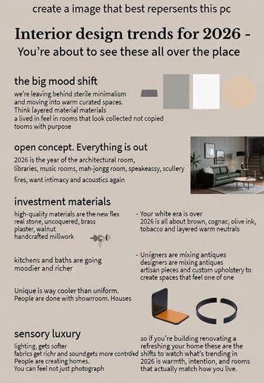 Infographic showing interior design trends for 2026, featuring warm neutrals and sensory luxury decor.