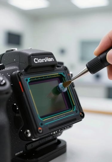 A detailed close-up of a digital camera sensor being cleaned with specialized tools in a bright, off-white cleanroom environment, North American professional camera service center.