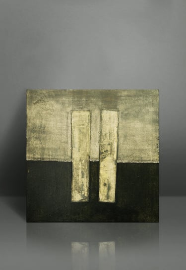 Abstract minimalist painting featuring two gold vertical pillars on a black and grey textured background.