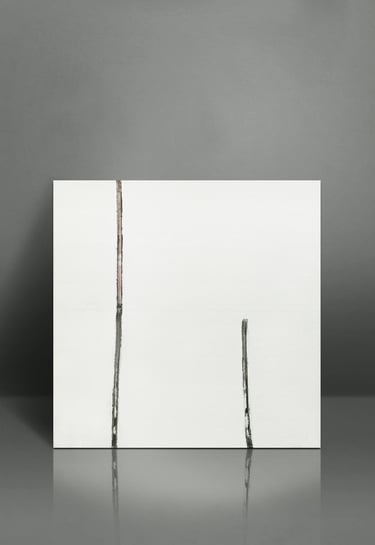 Minimalist white abstract painting with two vertical textured lines on a grey background.
