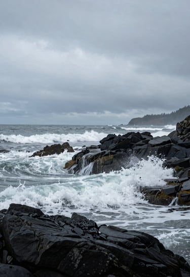 An immersive photograph of the Pacific Northwest coastline. Moody waves crash against dark, jagged rocks under a heavy, silver-grey sky. The composition is wide and cinematic, capturing the quiet elegance of the North American wilderness.