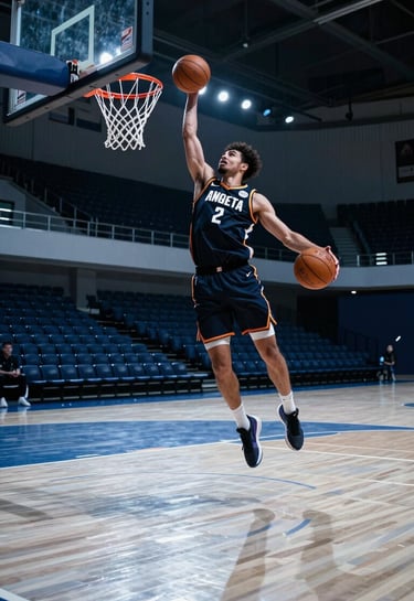 An intense, mid-air capture of a North American basketball player performing a powerful dunk in a high-tech indoor arena. The lighting is focused, casting long shadows, with pale silver highlights on the court surface and steel blue tones in the background.