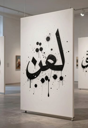 An immersive photograph of an art exhibition featuring multiple white canvases with vibrant black ink splatters and stylized Arabic lettering, naturally lit in a modern gallery.