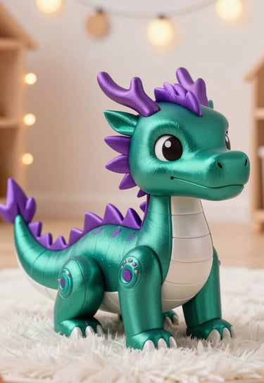 Intricate 3D printed toys in vibrant colors displayed on a shelf with natural light.