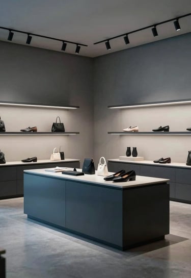Cinematic photography of a high-end retail interior in New York, minimalist product displays, soft spotlights, clean lines, grey blue and charcoal color palette.