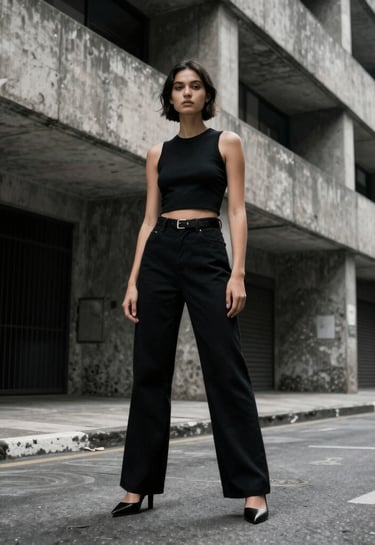 Fashion photography shot on an urban Brazilian street with concrete architecture. A model posing with artistic lighting, captured by a photographer with a minimalist aesthetic, high contrast black and gray tones.