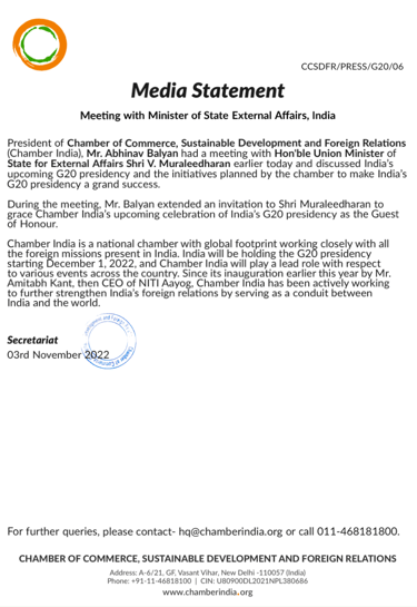 Chamber India Media Release