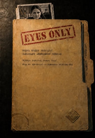 Top secret Silva Group Security dossier folder for candidate Soraya Raya Baptiste with an Eyes Only stamp.