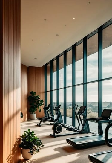 a luxury hotel gym with cardi equipment and views of a garden