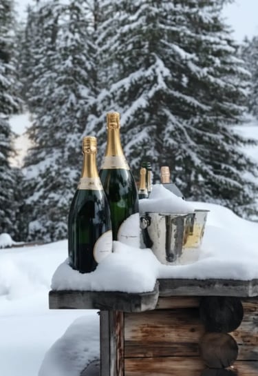Bottles of chilled champagne on a snowy outdoor terrace at Funky Fox, Courchevel, surrounded by pine