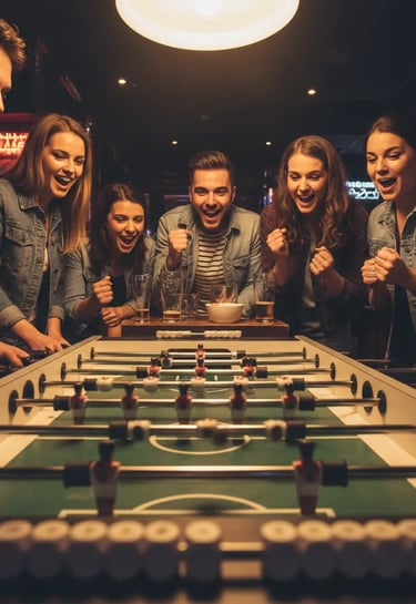 A group of friends laughing and playing foosball inside the lively Funky Fox pub in the French Alps.