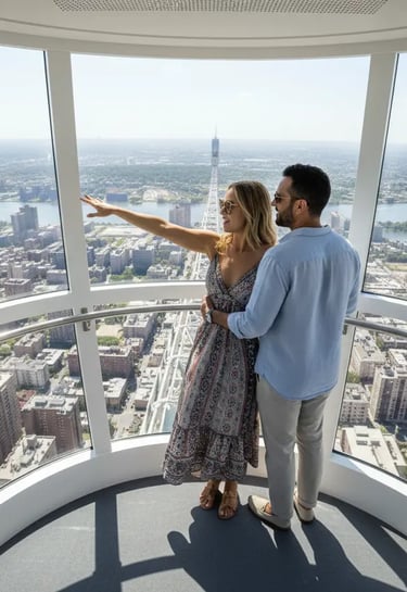 Romantic couple embracing and enjoying the panoramic city views from inside a private capsule on The