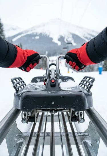 First-person view of a mountain coaster rider's hands on the controls with snowy mountain peaks in t