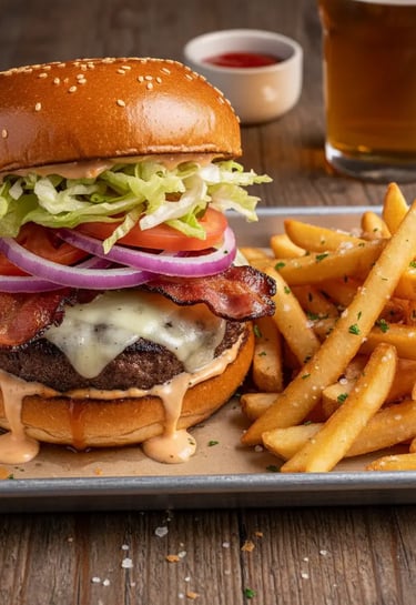 Gourmet beef burger with bacon, melted cheese, and seasoned fries at Funky Fox, Courchevel.