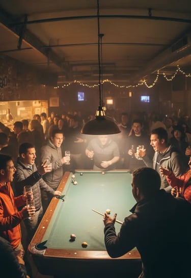 Friends playing pool and enjoying drinks in the lively après-ski atmosphere of Funky Fox, French Alp