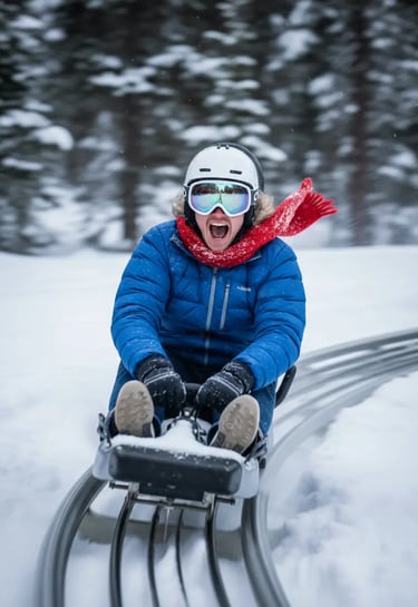 A woman in a blue jacket and ski goggles laughing while speeding down a mountain coaster in the Aust