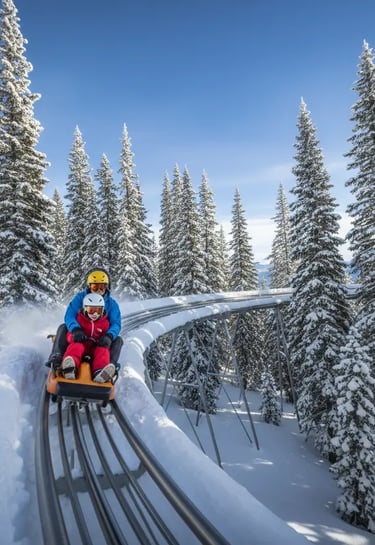 A parent and child riding a yellow alpine coaster track through a dense, snow-covered pine forest in