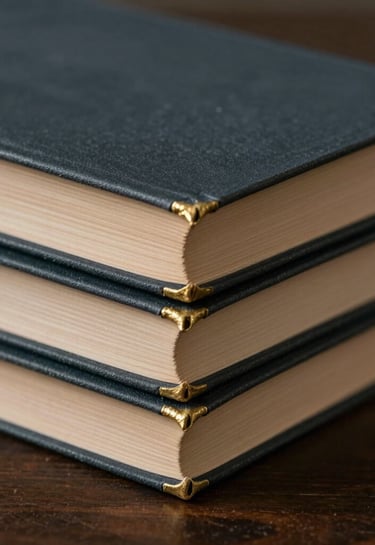 A moody, close-up photograph of a stack of old books with gold-leafed edges resting on a dark wood surface. Soft focus on the paper texture and spines. Sophisticated and introspective. International / Western setting. Colors: charcoal and tan.