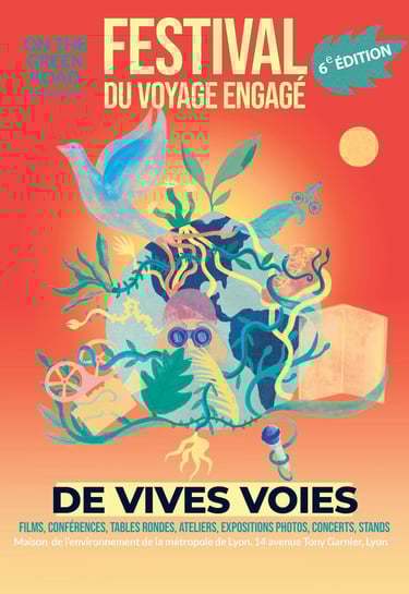 affiche illustrée du 6e festival du voyage engagé représentant la planète Terre entourée d'oiseaux, d'arbres et plantes
