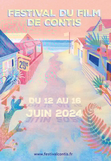 affiche illustrée du 29e festival du dilm de Contis rreprésentant une rue débouchant sur la mer