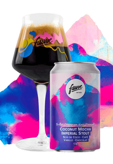 Verre et canette de bière fauve imperial stout sur fond multicolre