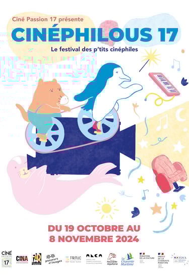 affiche illustrée représentant un pinguin chat et otarie projetant un film