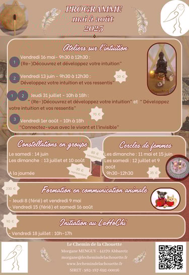 programme du Chemin de la Chouette (44) : constellations, cercles de femmes, ateliers intuition