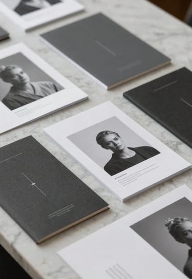 Fotografia de papelaria corporativa premium com design minimalista, tons de branco e cinza profundo, disposta de forma organizada sobre uma mesa de mármore, estética brasileira contemporânea.